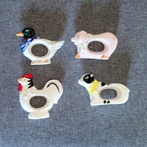 Vintage Set of 4-Painted Ceramic Farm Animal Napkin Rings cow chicken pig duck